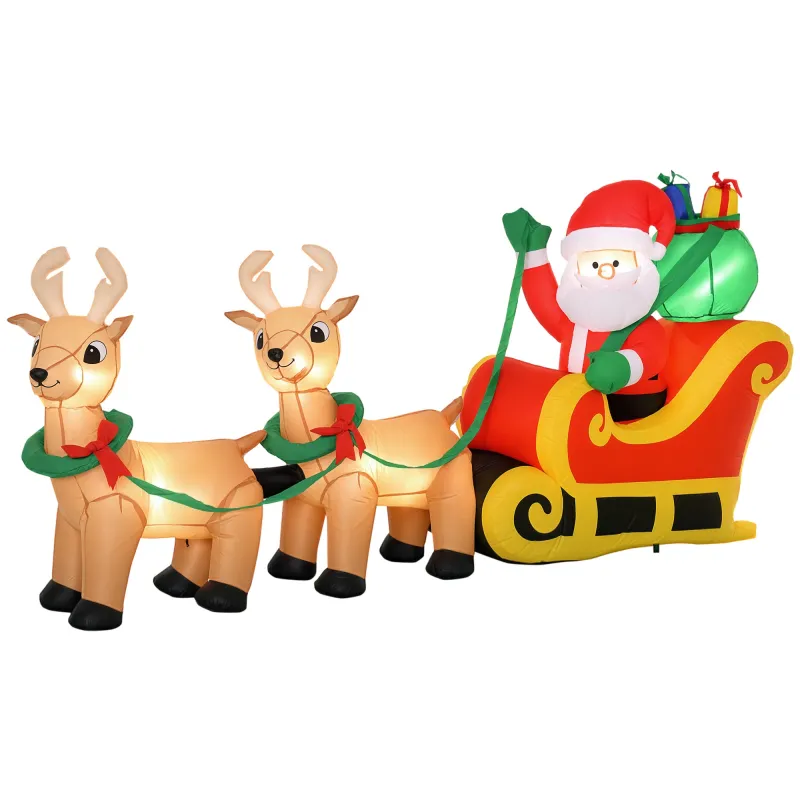 8ft Long Christmas Inflatable Santa Claus with Sleigh and Reindeer, Outdoor Blow-Up Yard Decoration with LED Lights Display
