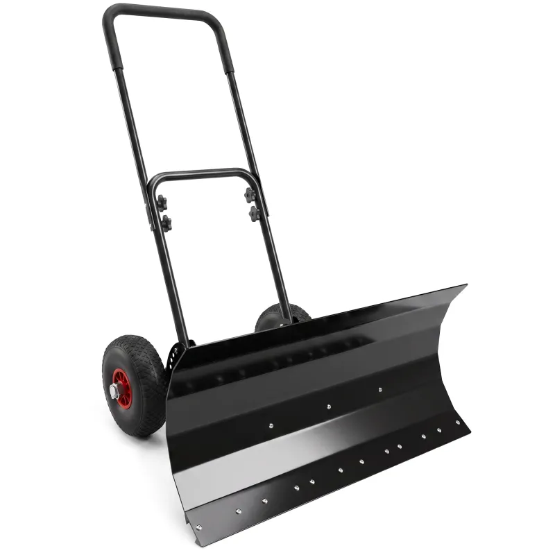 Snow Shovel with Wheels, 29" x 16.5" Metal Snow Pusher with Adjustable Handle, 5-Angle Blade for Driveway, Black