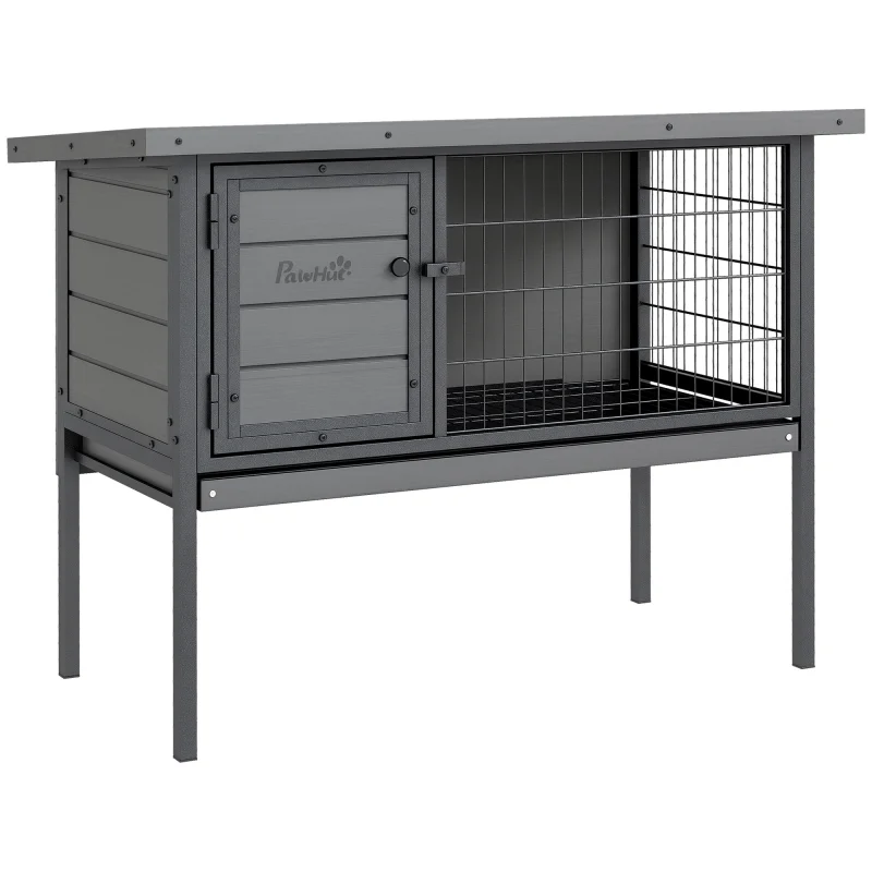 Wooden Rabbit Hutch Elevated with No Leak Tray, Openable Roof for Indoor/Outdoor, Gray