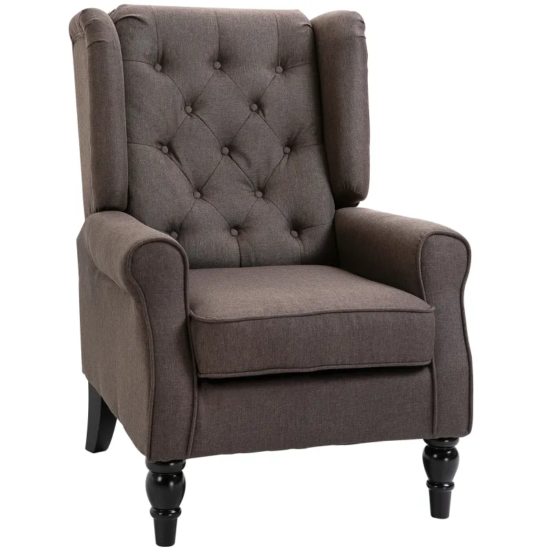 Wingback Accent Chair for Living Room, Button-Tufted Lounge Chair with Round Armrests and Wood Legs, Dark Brown