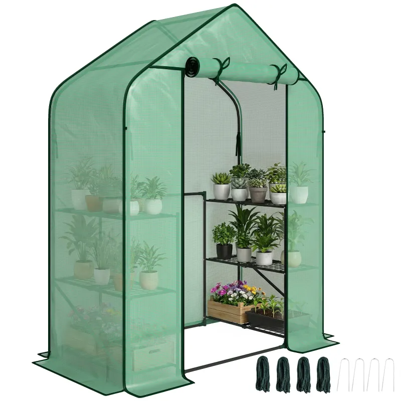 Greenhouse for Outdoors, Portable Greenhouse with 6 Shelves, UV-Resistant PE Cover, Roll-Up Door, Green