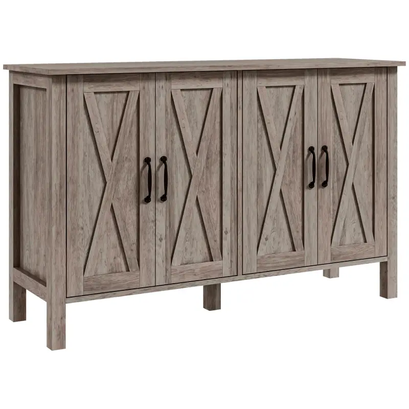 Sideboard Buffet with 4 Barn Doors and 2 Adjustable Shelves, Kitchen Buffet Cabinet for Living Room, Hallway, Gray