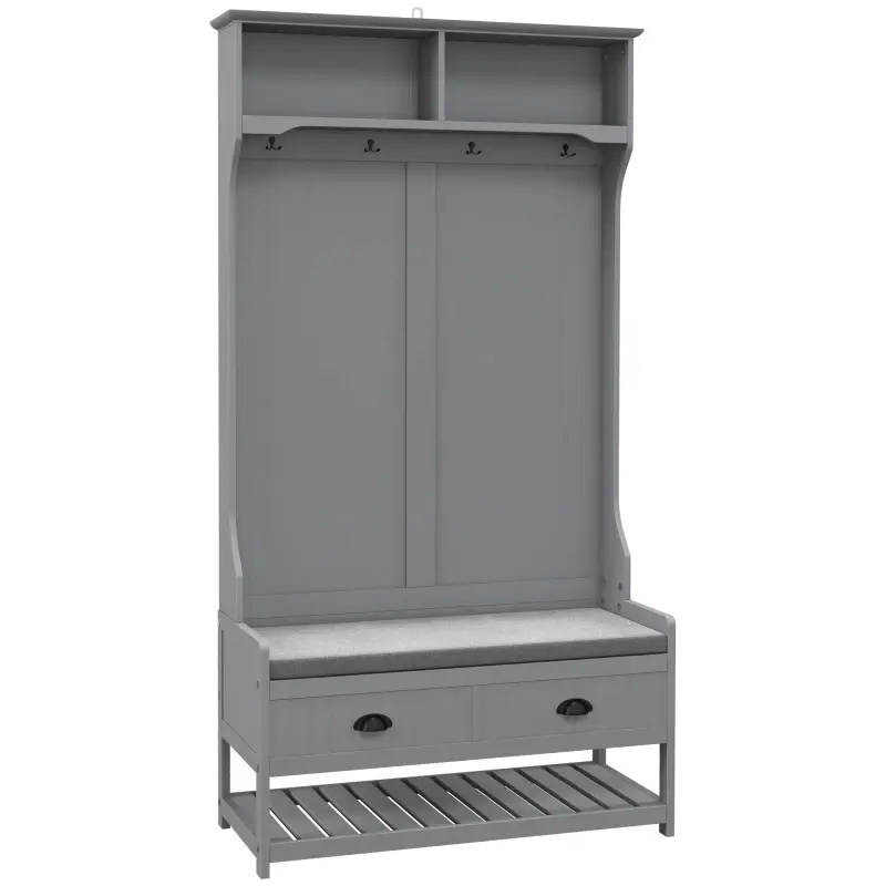 3-in-1 Hall Tree, Entryway Bench with Coat Rack, Mudroom Bench with Shoe Rack, 2 Storage Drawers, 4 Hooks and Padded Seat Cushions for Hallway, Gray