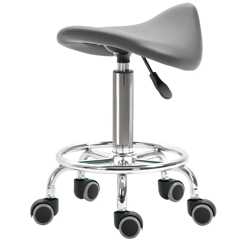 PU Leather Adjustable Stool, Rolling Saddle Stool with Wheels for Massage, Spa, Clinic, Beauty and Tattoo, Gray