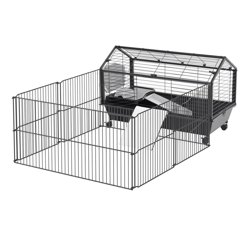 Rolling Metal Rabbit, Guinea Pig, or Small Animal Hutch Cage with Main House and Run