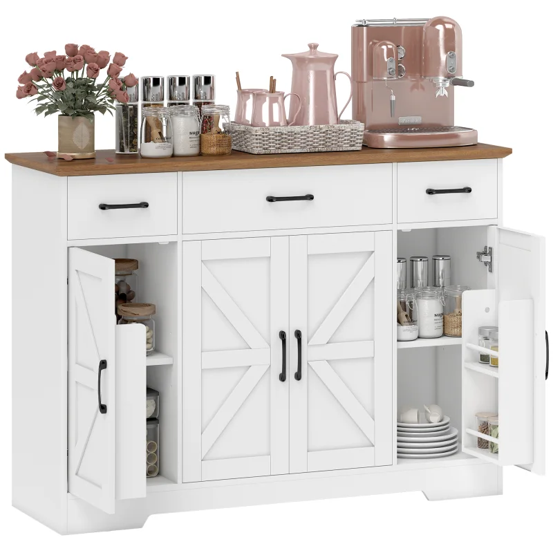 47" Buffet Cabinet with Soft-Close Hinges, Farmhouse Sideboard with 3 Drawers, Adjustable Shelves and Spice Racks, White