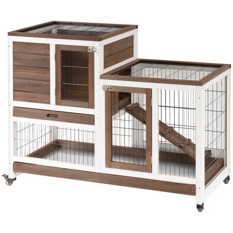 Wooden Rabbit Hutch Elevated Bunny Cage Indoor Small Animal Habitat with Enclosed Run with Wheels, Ramp, Brown