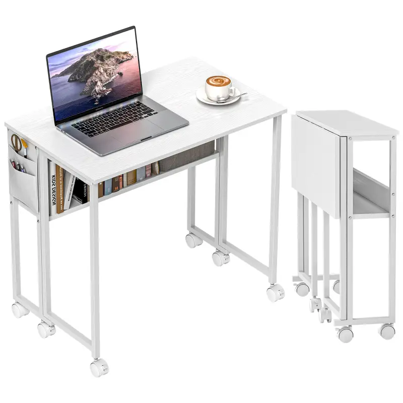 Folding Computer Desk, Foldable Desk with Storage Bag, Shelf and Wheels for Small Spaces, Home Office, White