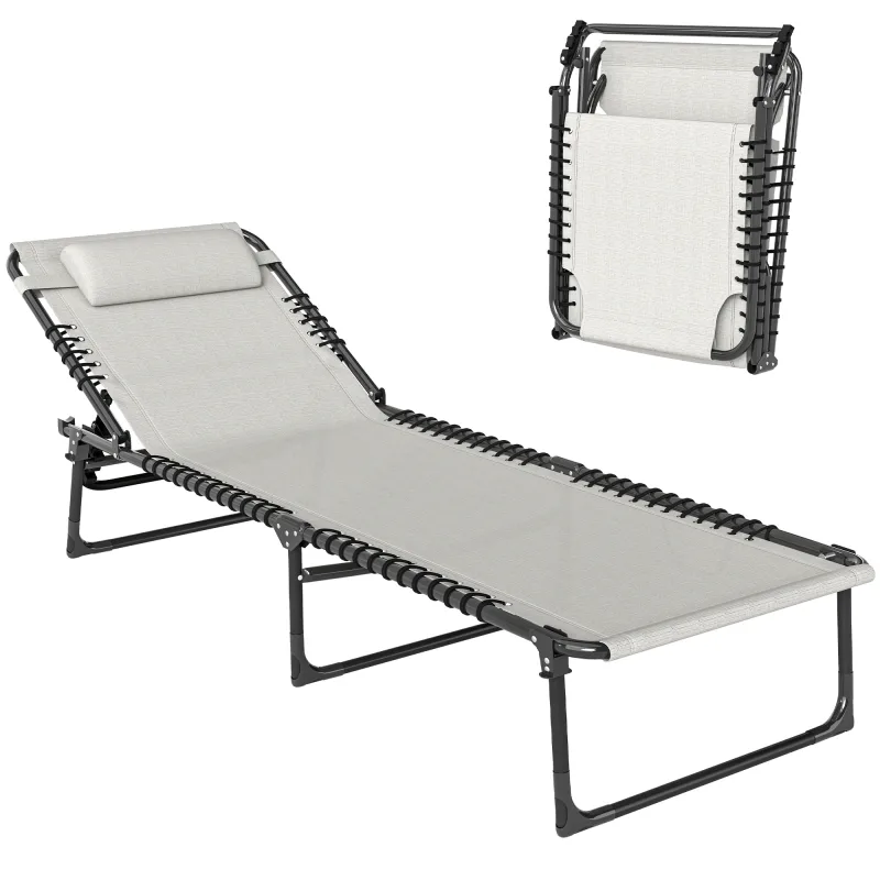 Folding Chaise Lounge Pool Chair with 4-Position Reclining Back, Pillow, Breathable Mesh & Bungee Seat, Cream White