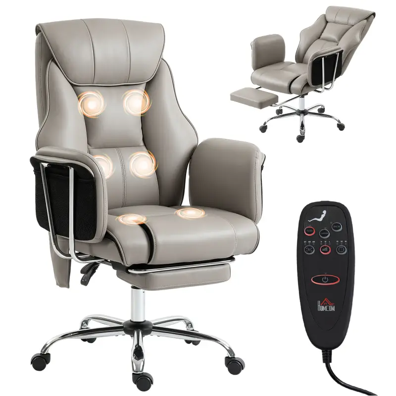 Massage Office Chair with 6 Points Vibration, Executive Desk Chair with High Back, PU Leather, Footrest, Gray