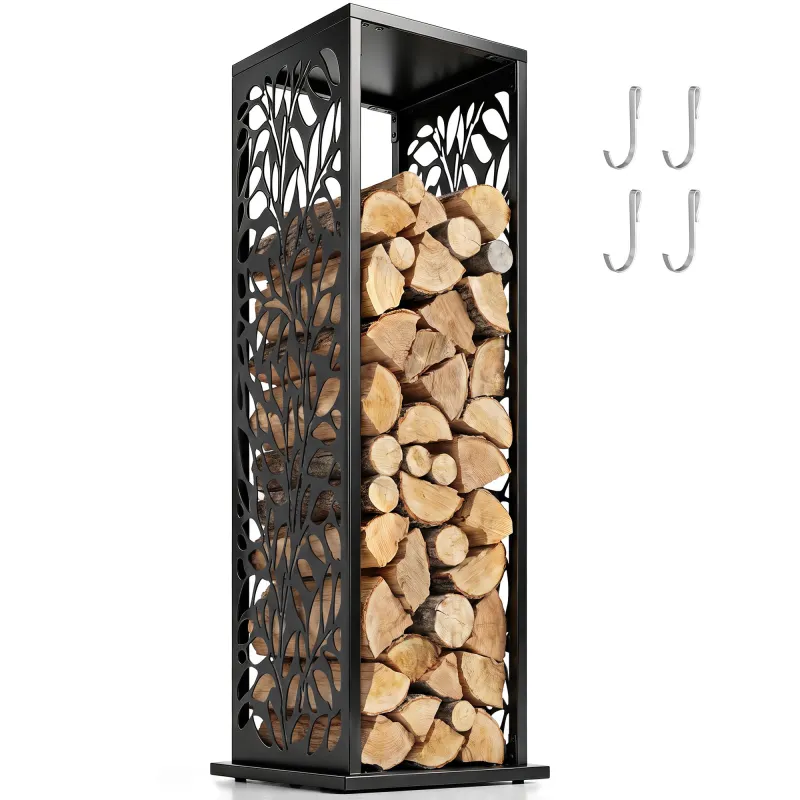 15 Inch Firewood Rack Outdoor Indoor, Cutout Galvanized Steel Firewood Holder with Hooks, Adjustable Pads, Black