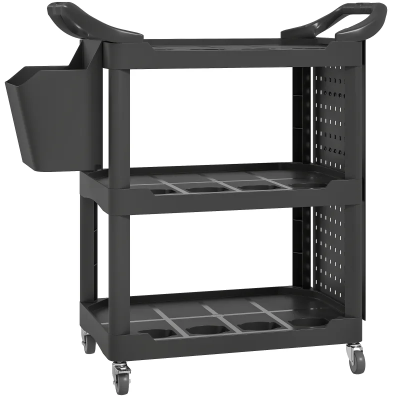 3-Tier Rolling Tool Cart, 200 LBS Capacity Plastic Utility Cart with Side Shelf and Storage Bucket, Black