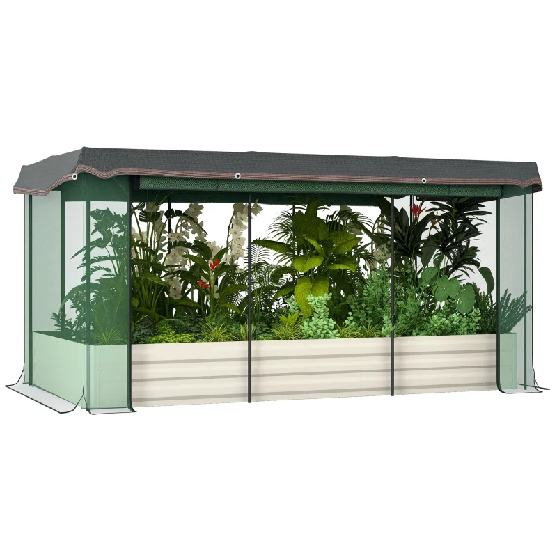 Galvanized Steel Planter Box with Crop Cage and Shade Cloth, Raised Garden Bed for Flowers, Veggies and Herbs, Beige