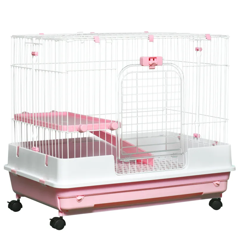 2-Level Small Animal Cage Rabbit Hutch with Wheels, Removable Tray, Platform and Ramp for Bunny, Chinchillas, Ferret, Pink