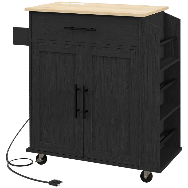 Rolling Island with Wheels for Kitchen, Kitchen Island on Rollers with Power Outlets, Drawer, and Doors, Black