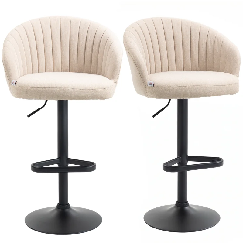 Modern Upholstered Adjustable Barstools with Swivel Seat, Linen Touch Fabric, Steel Frame, Footrest, ‎Beige
