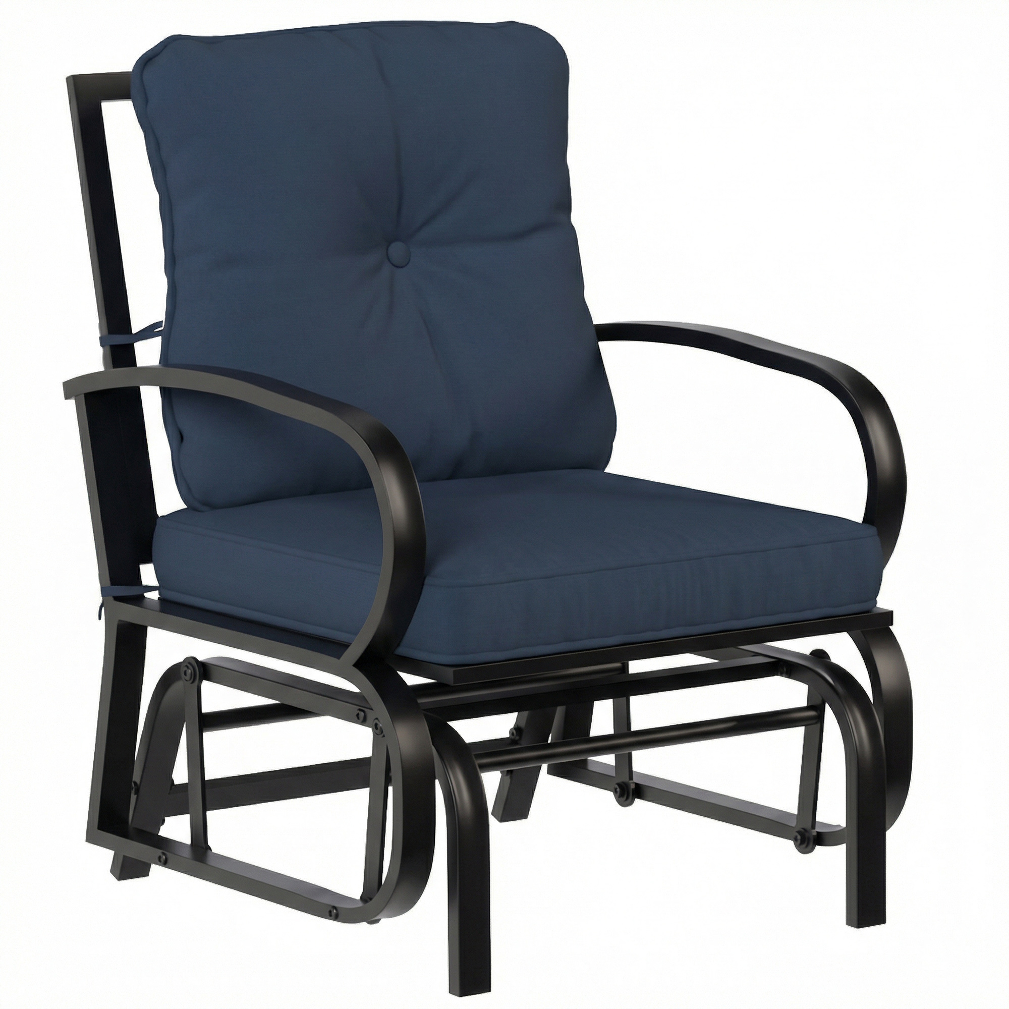 Patio Glider, Outdoor Glider Chair with Cushions, Steel Frame, Curved Armrests, Dark Blue