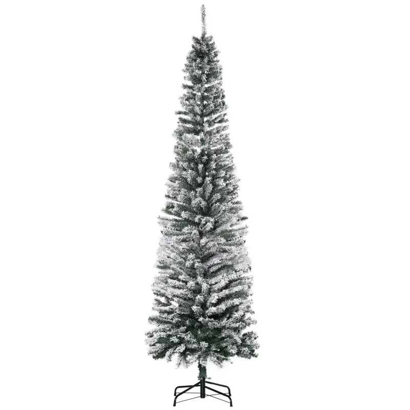 7.5ft Flocked Christmas Tree, Pencil Artificial Xmas Tree with Faux Snow, Dense Branches, Foldable Metal Base for Indoor Holiday Decor