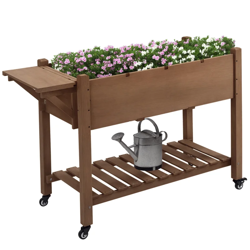 Raised Garden Bed Planter Box w/ 8 Grow Grids, Storage Shelf & Lockable Wheels
