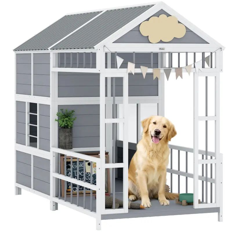 79"L Large Dog House Outdoor, Wooden Dog Kennel with Porch, Storage Cabinet,Weatherproof Roof, Windows
