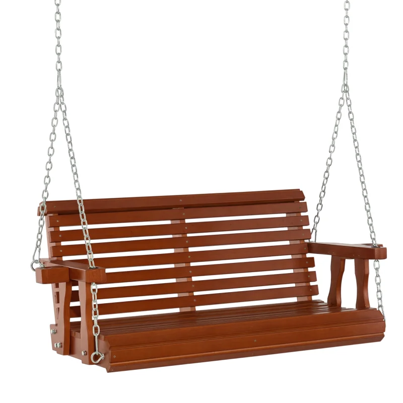 46" 2-Person Porch Swing Wooden Patio Swing Bench with Cup Holders, Slatted Design, Chains, 440lb Weight Capacity, Brown