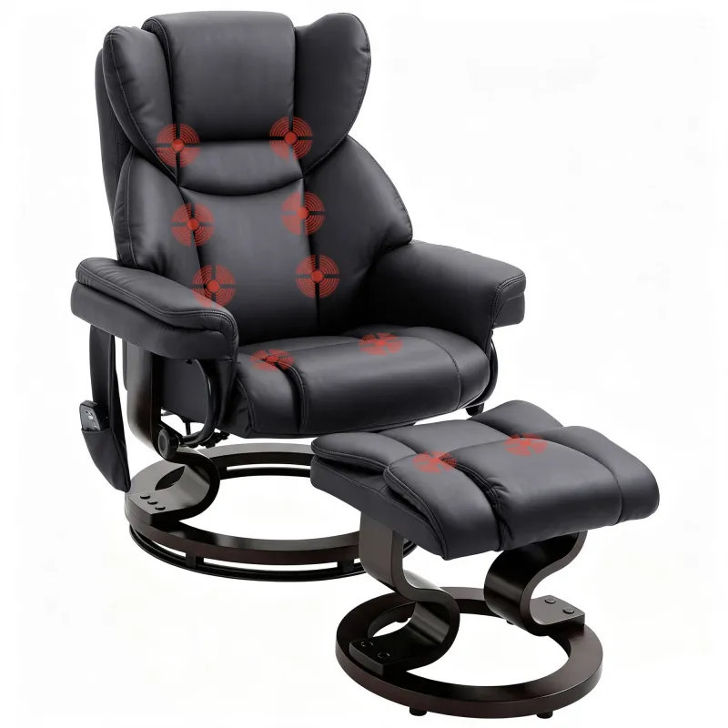 Massage Recliner Chair with Footrest, Swivel Armchair, Wrapped Wood Base, 10 Massage Points, Faux Leather, Black