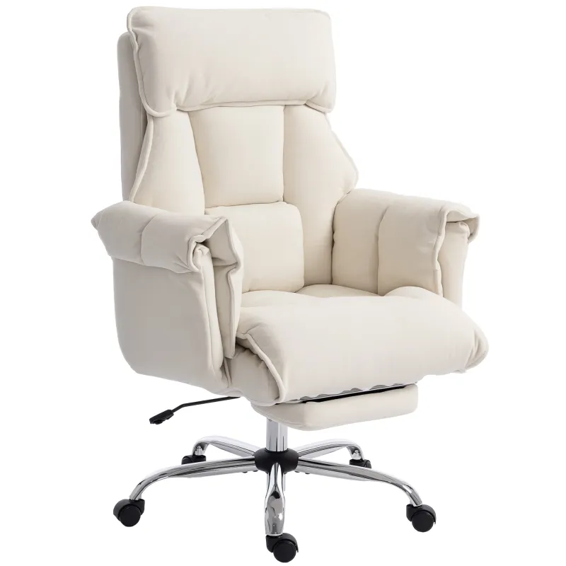 Executive Office Chair, Reclining Computer Chair with Footrest, High Back, Headrest, Adjustable Height, Cream White
