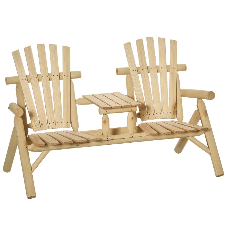 2-Seat Wooden Adirondack Chair, Patio Bench with Table, Outdoor Loveseat Fire Pit Chair for Porch, Backyard, Deck, Natural