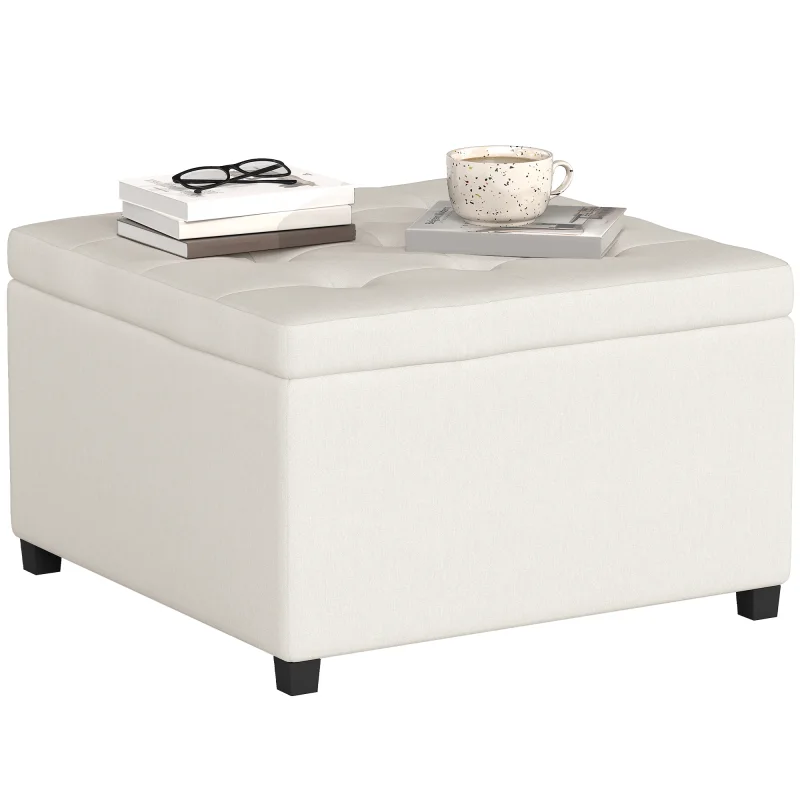 Round Storage Ottoman Bench, Button Tufted Ottoman with Flip Top for Living Room, Entryway and Bedroom, Beige