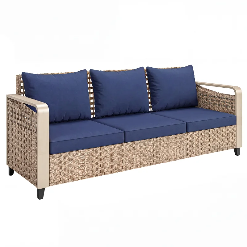 Rattan Wicker Sofa 3-Seater Outdoor Patio Sofa with Cushions for Garden Backyard Porch Dark Blue