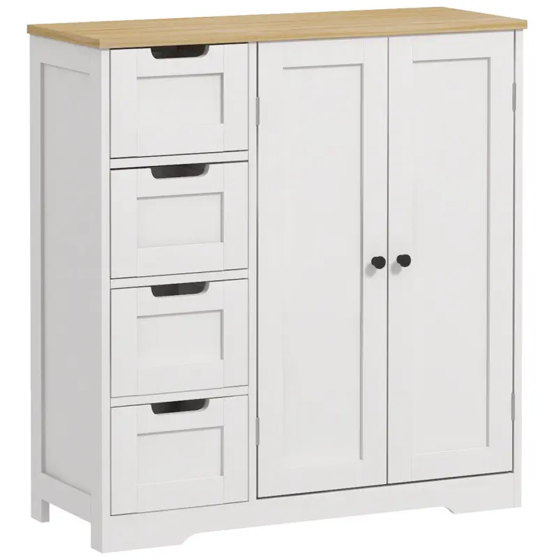 Freestanding Bathroom Floor Cabinet, Modern Bathroom Cabinet with Adjustable Shelf, 4 Drawers and 2 Doors, White