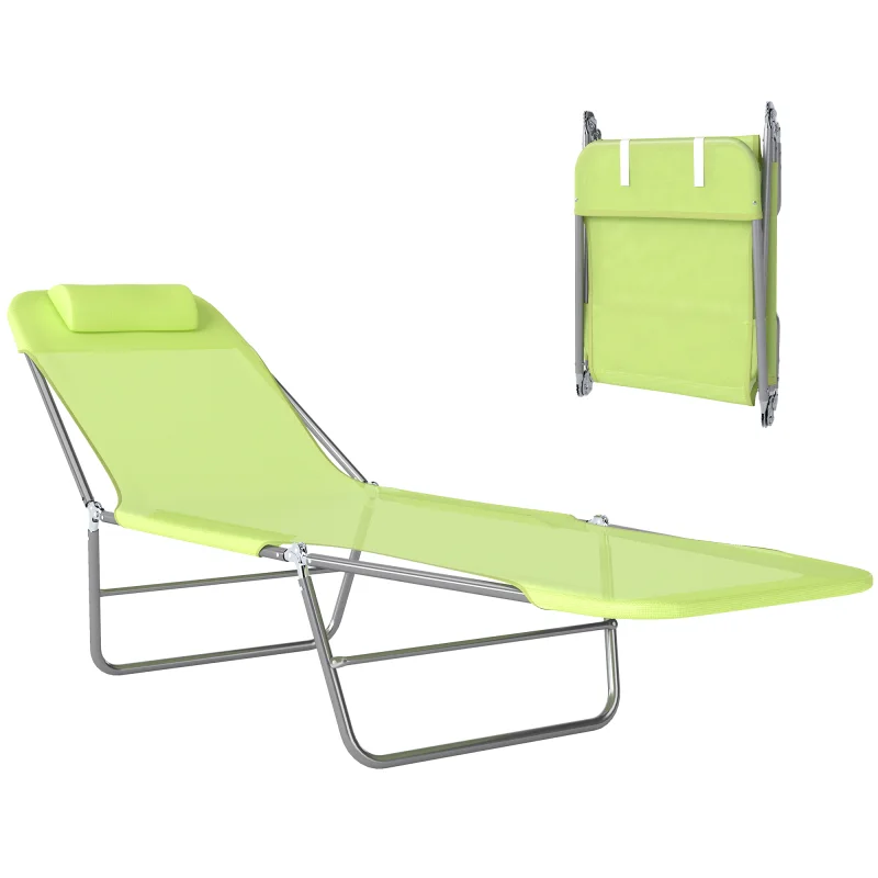 Folding Chaise Lounge Pool Chairs, Outdoor Sun Tanning Chairs with Pillow, Reclining Back, Green