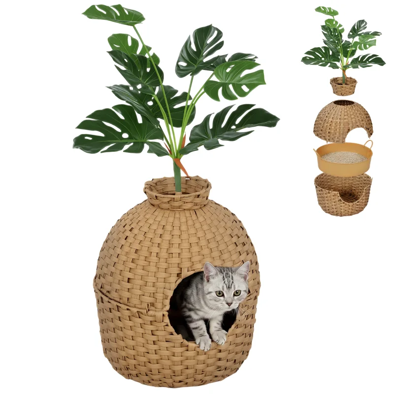 Hidden Cat Litter Box Enclosure with Faux Plant & Stainless Steel Tray for Bedroom, Living Room, Corner
