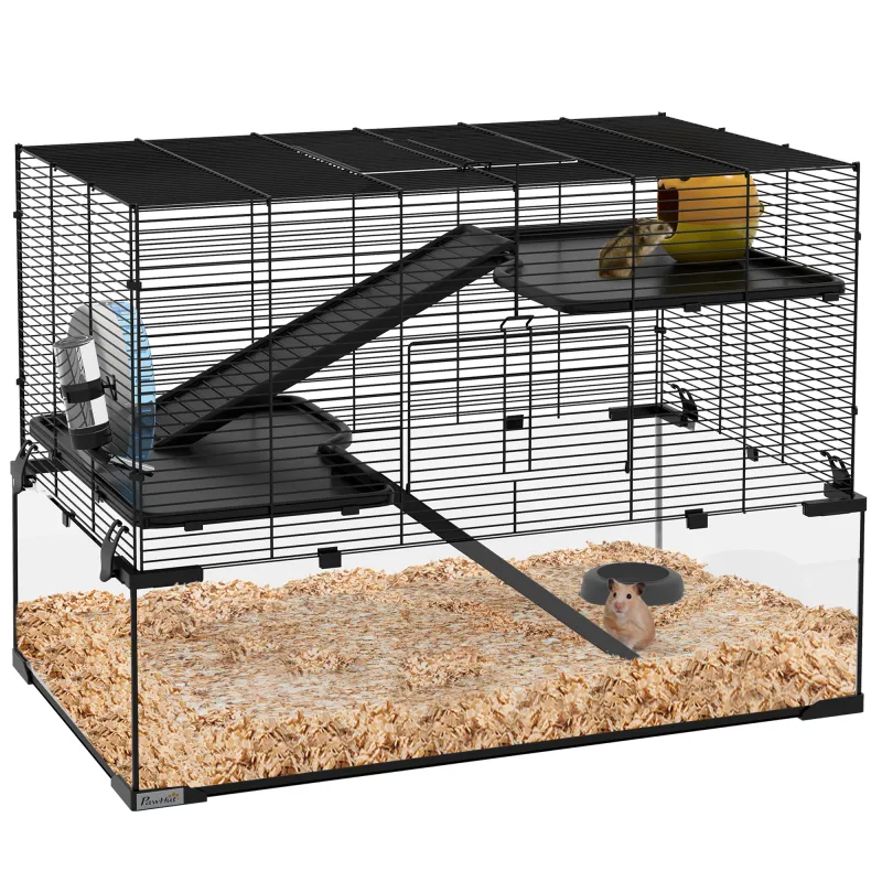 30" Hamster Cage, Gerbil Cage with Glass Basin for Small Hamsters, Black