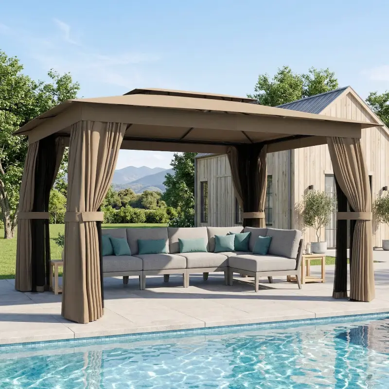 10' x 12' Outdoor Patio Gazebo, Soft Top Gazebo Canopy Shelter with Curtains, Netting, Steel Frame, Hooks, Khaki
