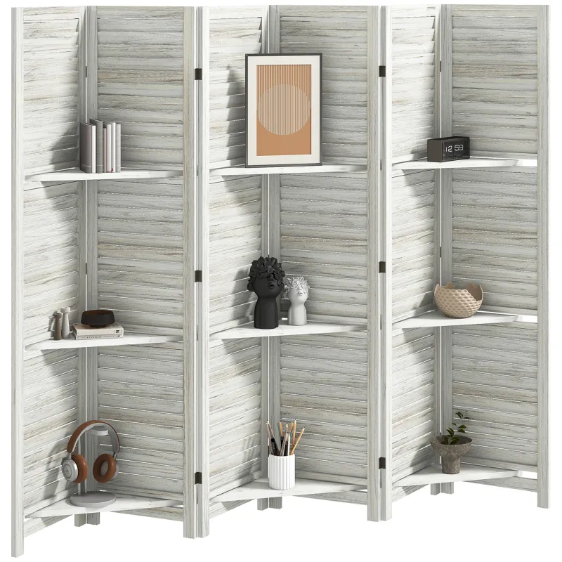 6 Panel 67" Tall Wood Privacy Screen Room Divider with 3 Shelves and Folding Storage for Bedroom, White