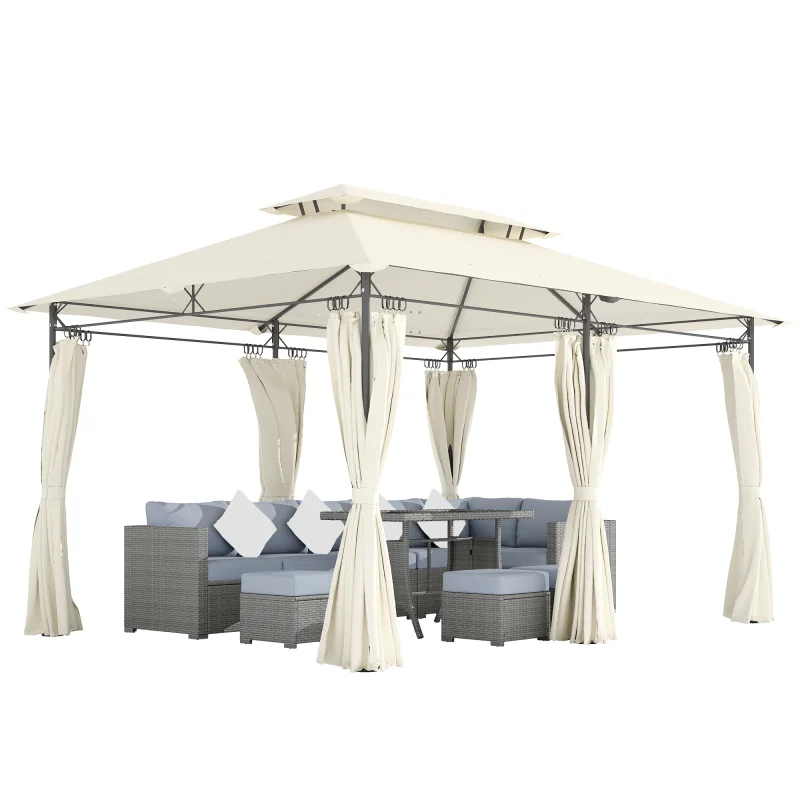 10' x 13' Double Roof Patio Gazebo, Outdoor Gazebo with Curtains, for Garden, Lawn, Backyard and Deck, Cream White