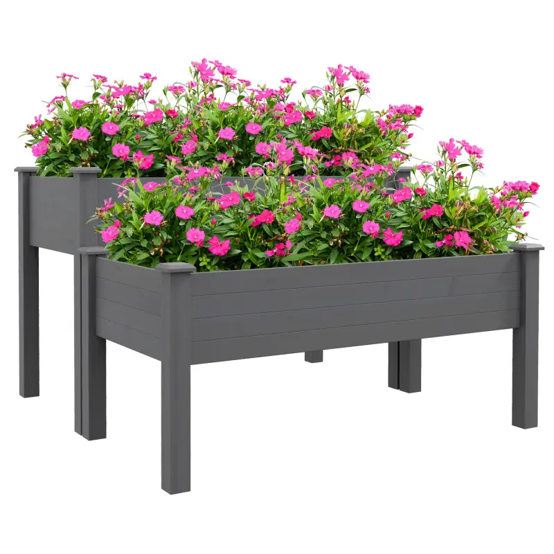 2 Tier Raised Garden Bed, Wooden Elevated Planter Box with Legs, Outdoor Plant Bed for Flowers Vegetables Herbs Gray