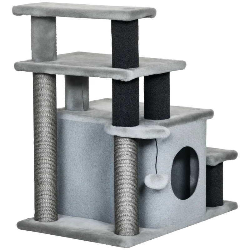 Adjustable Height 3 Step/4 Step Cat Stairs w/ Sisal Cat Scratching Post, Cat Condo, Toy Ball, for Bed, Sofa, Couch, Gray