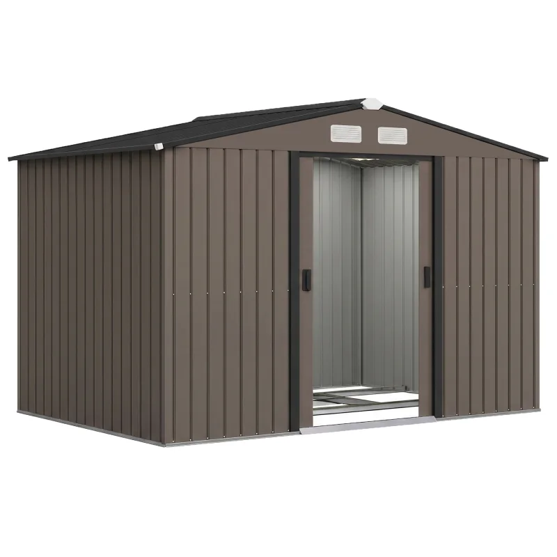 Outdoor Shed Garden Storage Shed Tool Storage Building with 4 Vents and 2 Sliding Doors, 9 x 6 FT, Brown