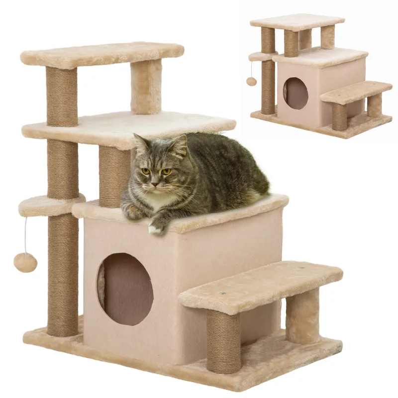 Adjustable Height 3 Step/4 Step Cat Stairs w/ Jute Cat Scratching Post, Cat Condo, Toy Ball, for Bed, Sofa, Couch, Beige