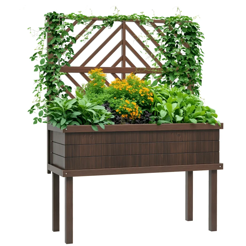 Elevated Wood Planter with Trellis for Climbing Plants, Raised Garden Bed with Legs and Drainage Holes, Carbonized