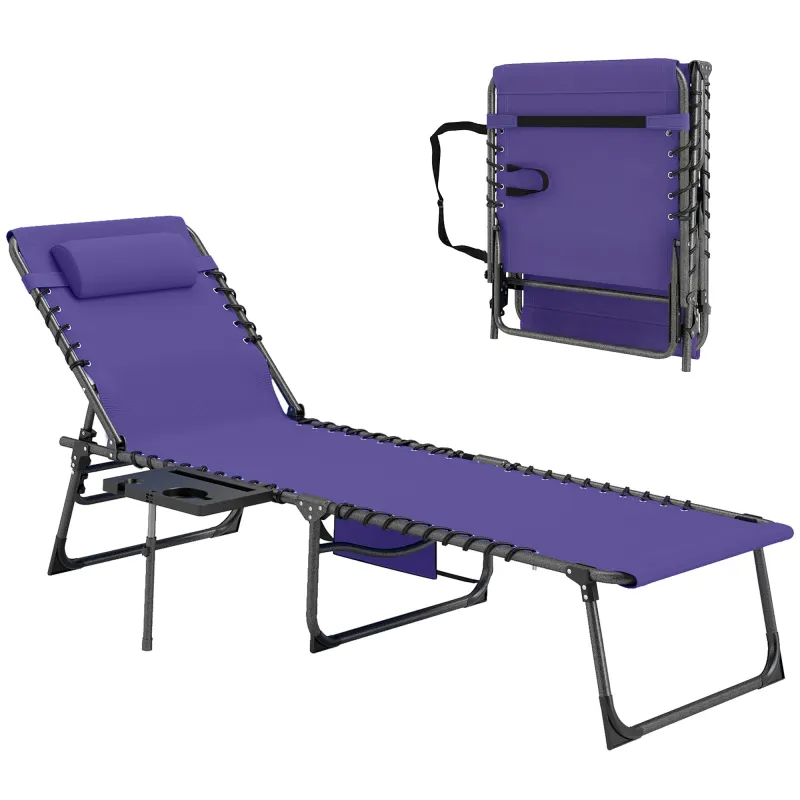 Folding Outdoor Chaise Lounge Chair Tanning Chair with 5-Level Adjustable Back, Side Table, Pillow, Pocket, Purple