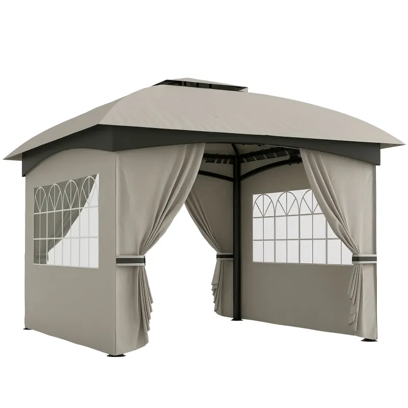 11' x 11' Outdoor Gazebo, Double Roof Patio Gazebo with Curtains, Church Windows, Galvanized Steel Frame, Light Gray