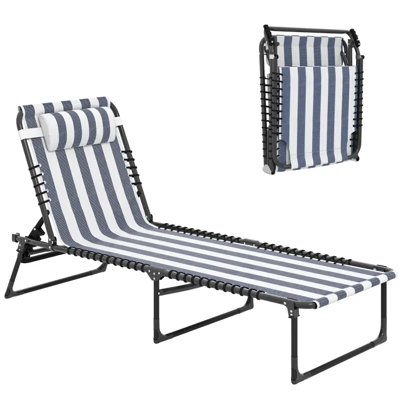 Folding Chaise Lounge Pool Chair with 4-Position Reclining Back, Pillow, Breathable Mesh & Bungee Seat, Blue & White