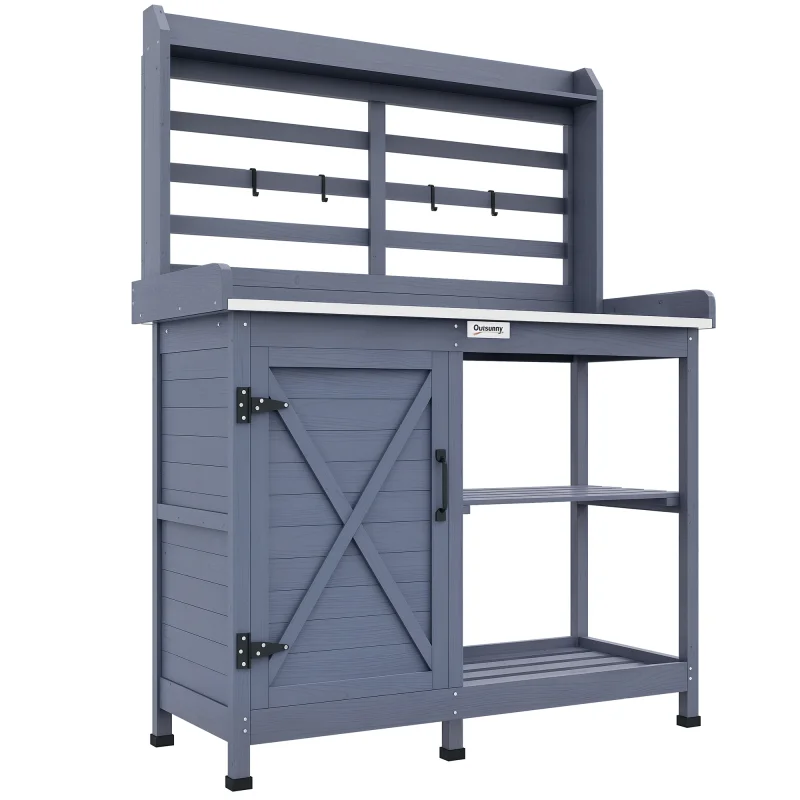 Wooden Potting Bench with Storage, Aluminum Tabletop for Backyard, Patio, Balcony, Gray
