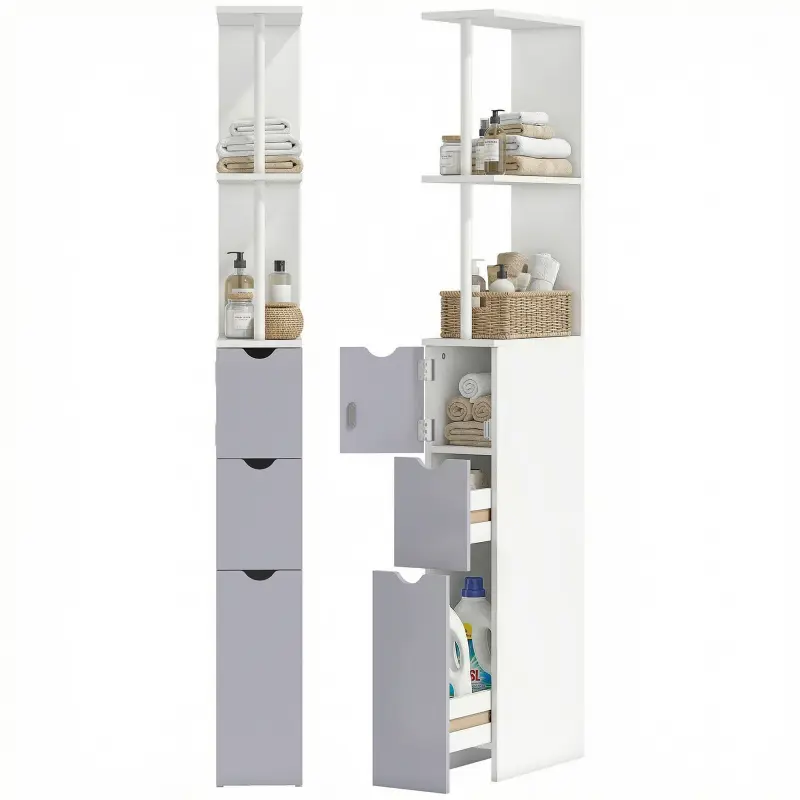 54" Tall Bathroom Storage Cabinet, Linen Tower with Shelf and Drawers, Narrow Side Floor Organizer, Grey and White