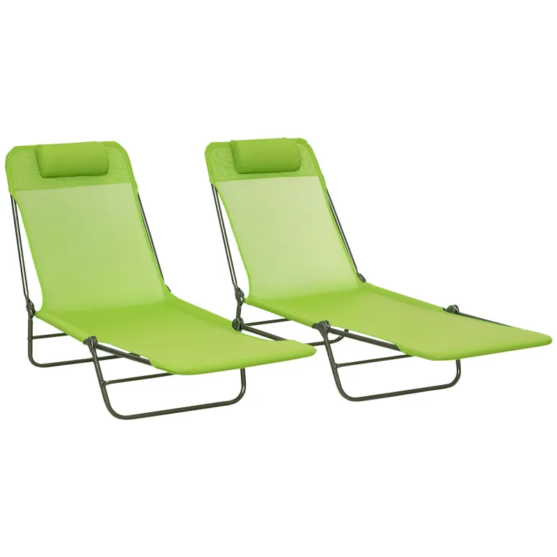 2 Piece Folding Chaise Lounge Chairs, Pool Sun Tanning Chairs with Reclining Back, Breathable Mesh Seat, Headrest, Green