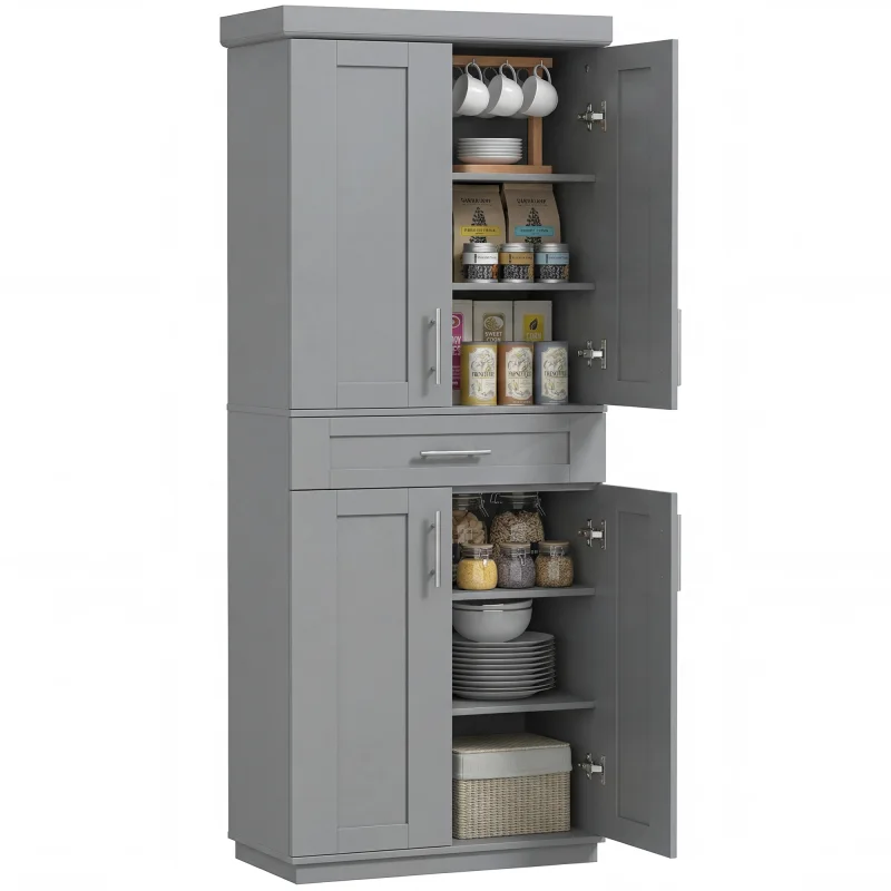 Modern Kitchen Pantry Freestanding Cabinet Cupboard with Doors and Drawer, Adjustable Shelving, Gray
