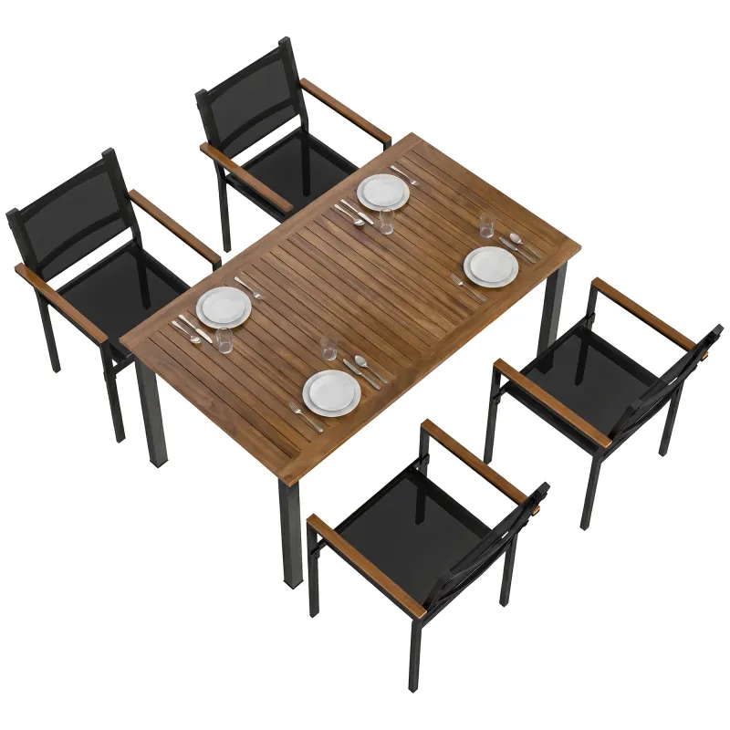 Outdoor Dining Set for 4, Patio Table and Chairs Set with 59" Rectangle Acacia Wood Table and 352 LBS Stackable Chairs